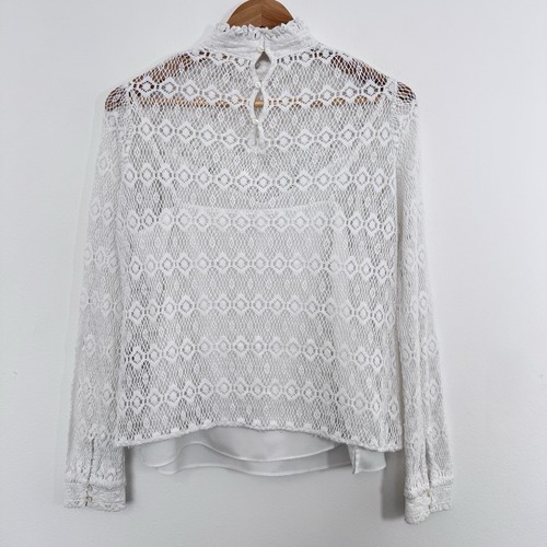 Maje High Neck Lace Top Size 2 UK 10 White Ruffles Camisole Layer Long Sleeve - Picture 5 of 8