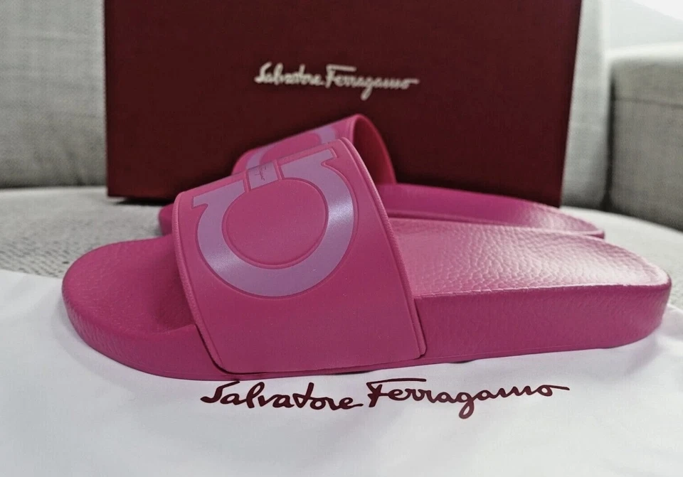 NIB Salvatore Ferragamo Gancini Groovy Pool Slides Slippers Pink - Image 3 of 4