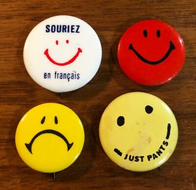 Vintage 1970s Smily Frowny Face Just Pants Souriez Paper Trends Pinback Button