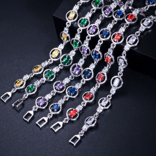 Silver Plated Cubic Zirconia Amerian Crystal Round Tennis Chain Link Bracelet  - Picture 1 of 17