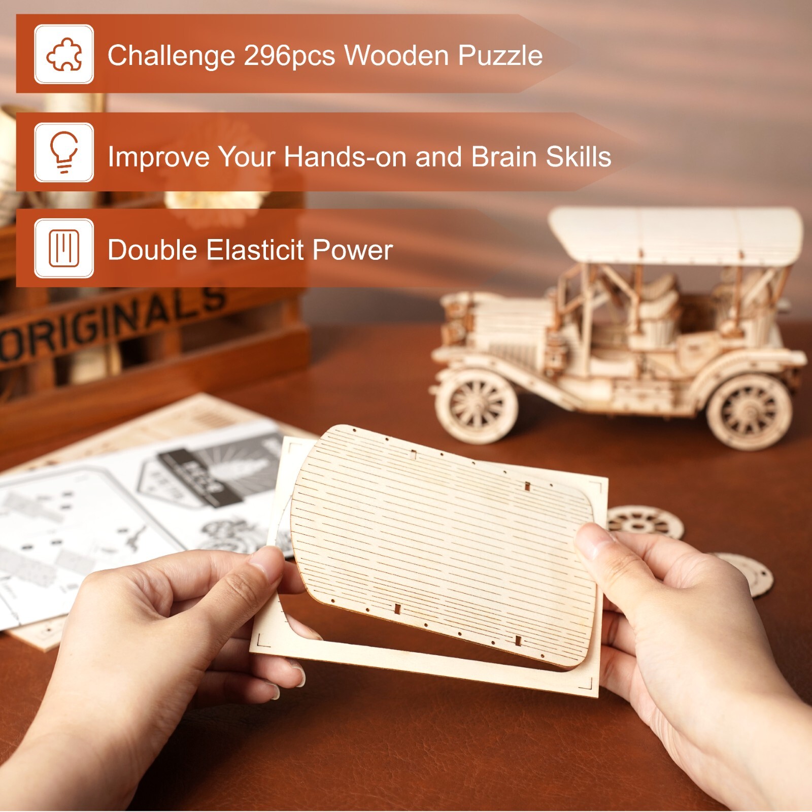 ROKR Vintage Car Model Mechanical Wooden 3D Puzzle Self Assembly Kit ...