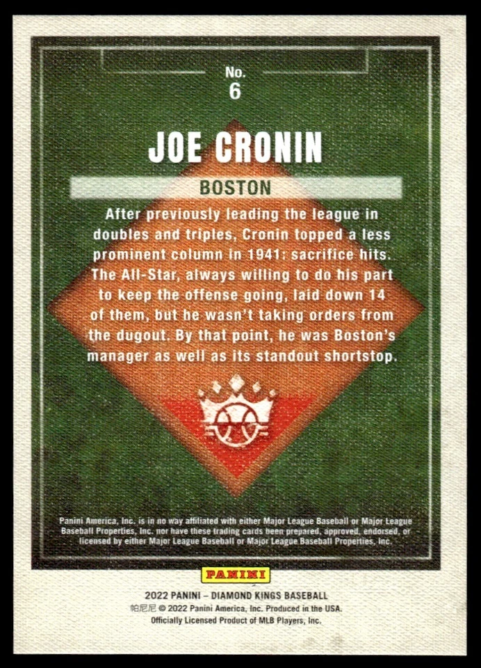 2021 Panini Diamond Kings SILVER FRAME Joe Cronin Boston Red Sox #4 - Image 2 of 2