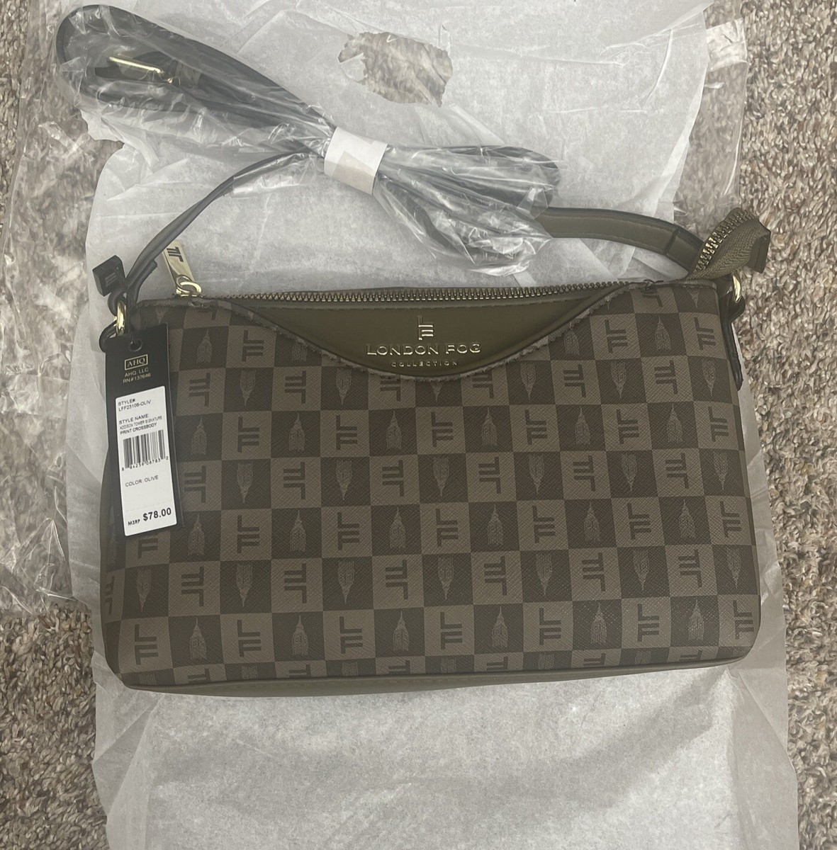 London Fog Addison Tower Signature Print in Olive Color Crossbody