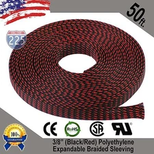 50 FT 3/8" Black Red Expandable Wire Sleeving Sheathing Braided Loom Tubing US