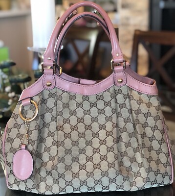 Gucci GG Emblem Medium Tote Sukey Bag Pink Leather Trim Beige