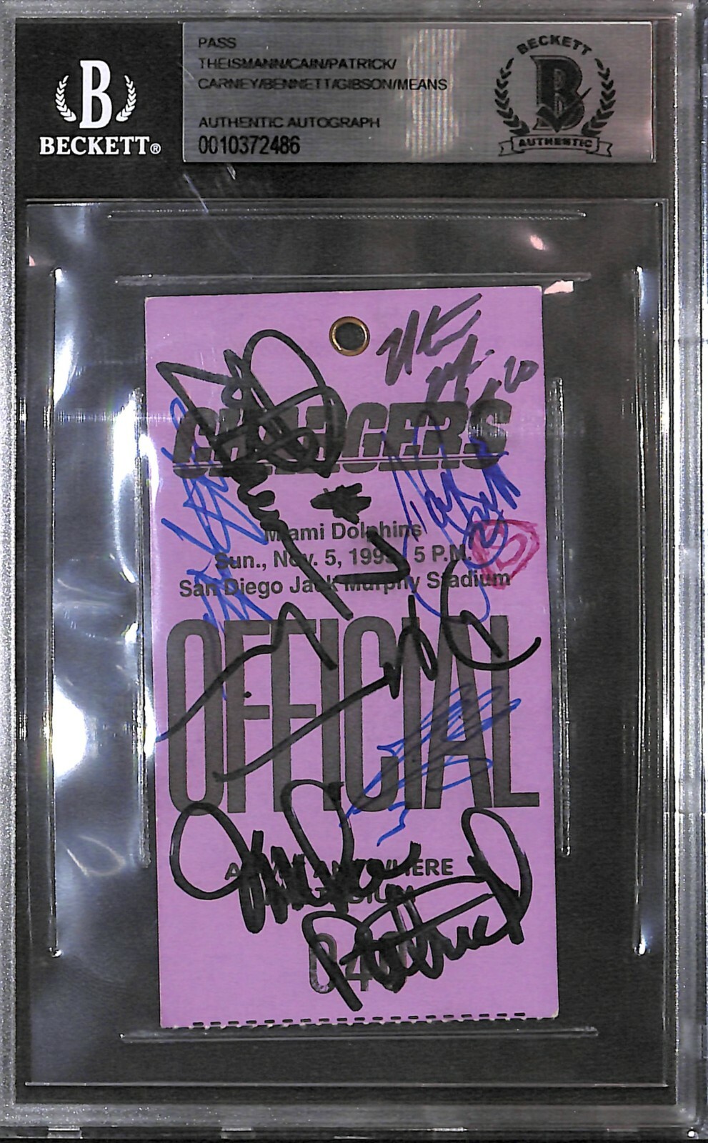 Dean Cain Autographed Signed Joe Theismann Natrone Means 1995 Chargers Official Pass Beckett COA 