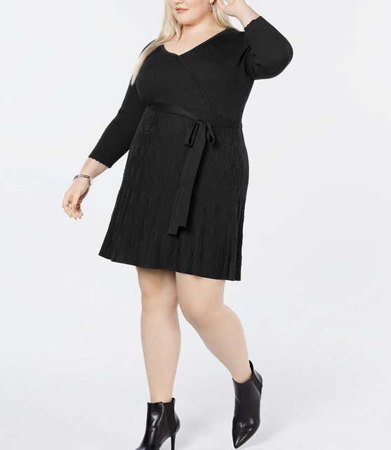 NY Collection Black Faux Wrap Fit & Flare Sweater Dress Size 1x for sale online | eBay