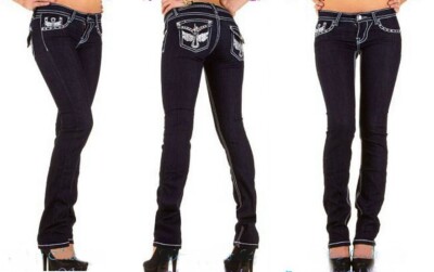 SeXy Miss Womens Girly Waist Pants LoW CuT Jeans Stitch Rhinestones 32 XS/T34 Dark Blue