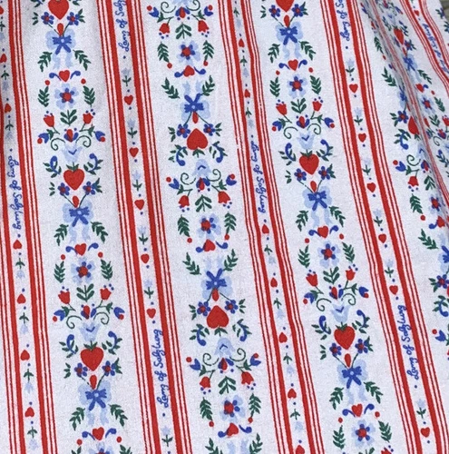 Vintage 1980s Lanz of Salzburg Flannel Fabric Red Blue Green Hearts 66”x45”