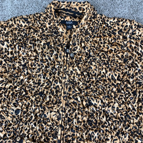 MSK Crinkle Sequined Zip Up Jacket Women's Size M Tan Black Animal Print Poly - Picture 2 of 10