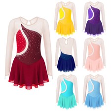 Girls Figure Ice Skating Dress Rhinestone Long Sleeve Ballet Competition Costume