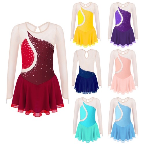 Girls Long Sleeve Glitter Rhinestone Mesh Splice Figure Ice Skating Dance Dress - Bild 1 von 79