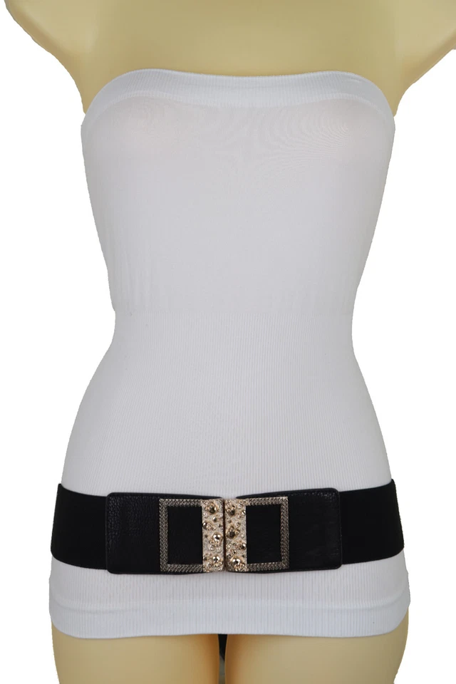 Women Black Elastic Casual Style Fashion Belt Gold Metal Skull Buckle Size S M - Image 2 of 4