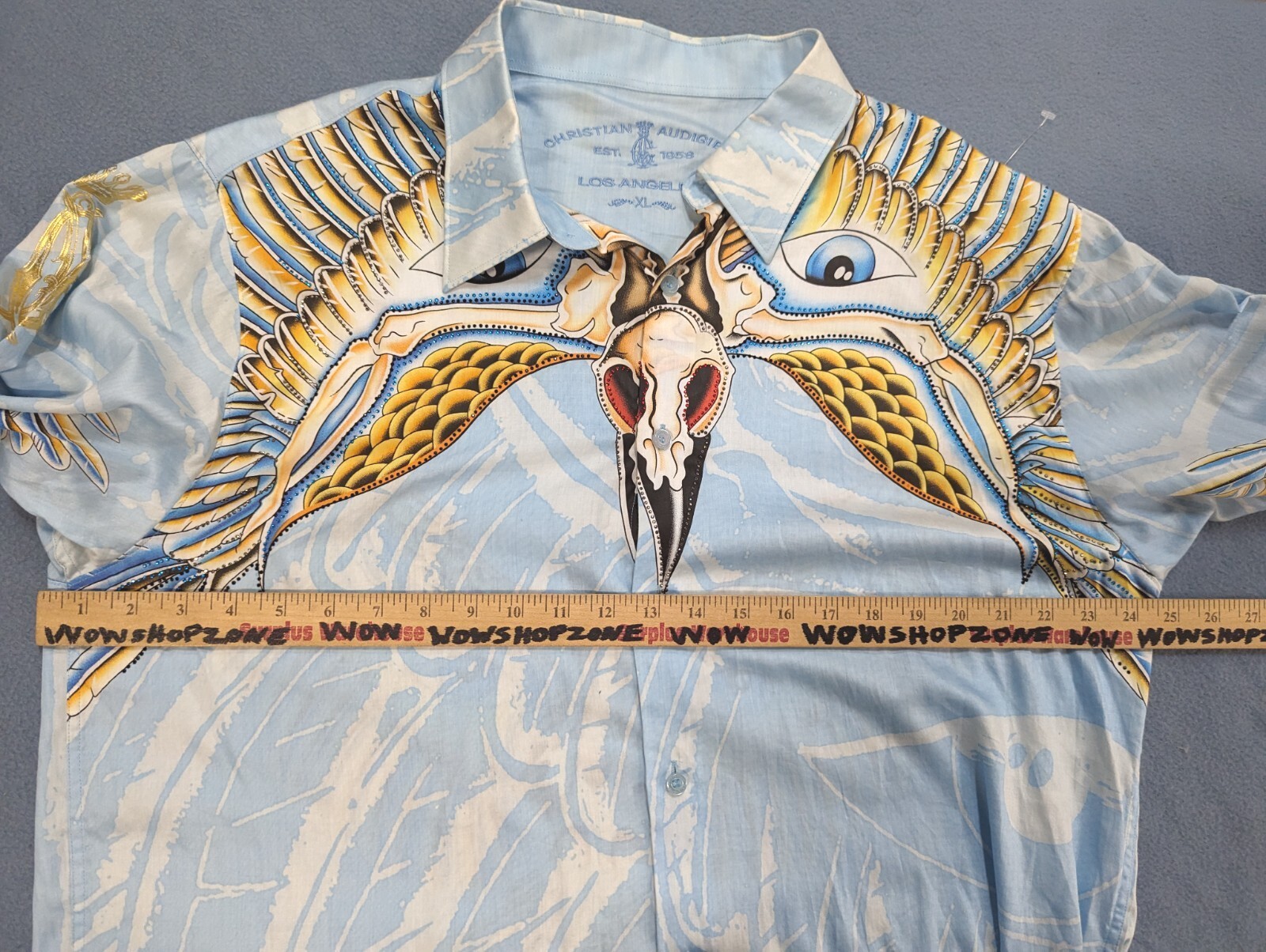 RARE Ed Hardy Christian Audigier Shirt Blue Skulls Eagles Button Up Mens XL Gift image 9