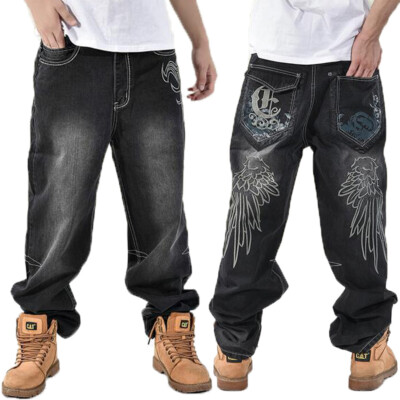 Baggy Skate Board Trousers Embroidery Mens Black Jeans Straight Fit ...