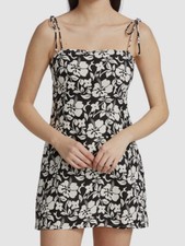 $209 Faithfull The Brand Women's Black Linen Floral-Print Mini Dress Size 6