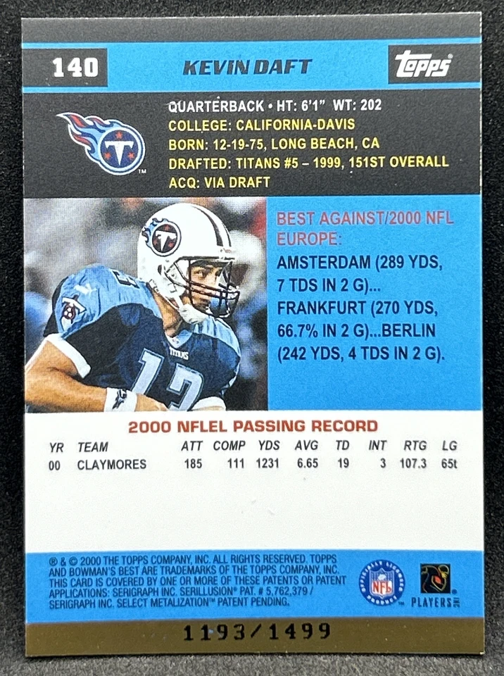 2000 Bowman's Best #140 Kevin Daft RC Rookie Refractor #1193/1499 Titans - Image 2 of 2