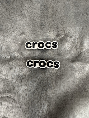 2 Crocs Jibbitz Charms White with Black CROCS Logo Spelled Out Shoe Charm CROCS