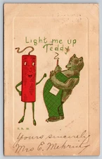 Light Me Up Teddy Bear Firecracker July 4th 1907 Postcard