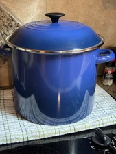 LE CREUSET 12"High Enameled Cobalt Blue 12 Qt Stock Pot w/ Lid NICE