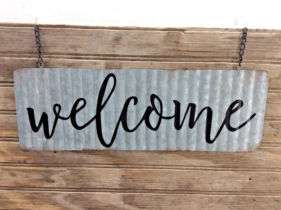 RUSTIC Farmhouse Corrugated Tin Metal Hanging WELCOME Sign 13.75" X 4.75" - Image 3 of 4