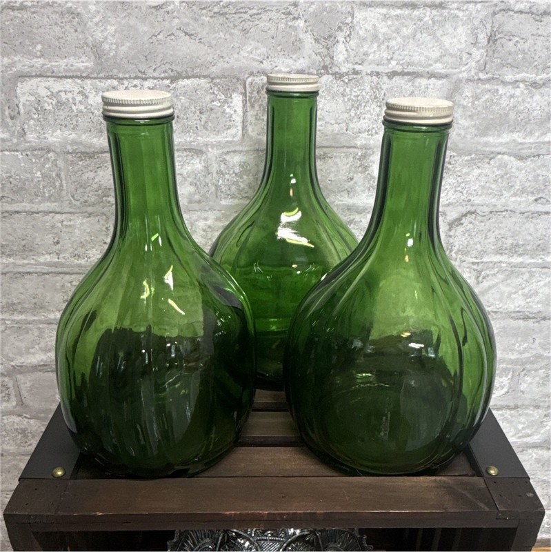 Set of 3 Green Glass Bottle Jugs w/ Metal Screw Caps Decorative Collectible