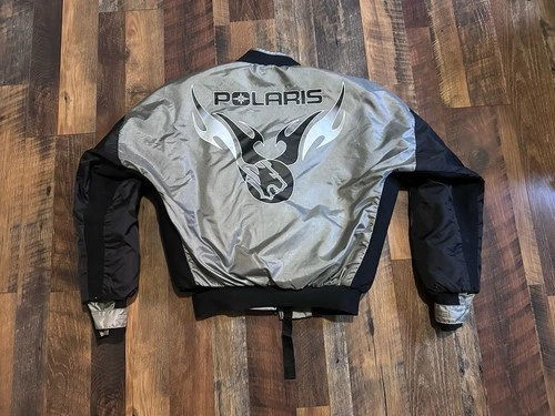 Vintage 90s Polaris Stearns Flotation Bomber Jacket Silver Purple Flames Size L image 5
