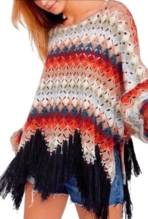 Free People Crochet Fringe Scalloped Hem Knit Poncho Top | Coastal Cowgirl Boho