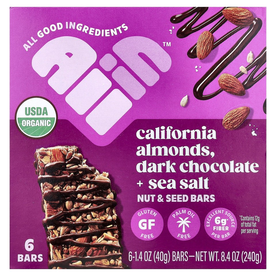 Nut & Seed Bars, California Almonds, Dark Chocolate + Sea Salt, 6 Bars, 1.4 oz