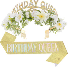 Gold Birthday Queen Crown - Flower Happy Birthday Tiara and Sash Set for Party P