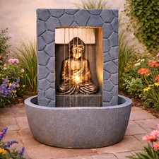 Solar & Mains Power LED Lit Buddha Rainfall Water Feature Outdoor Timer Fountain
