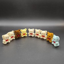 Mini Flocked Teddy Bear Figurine Set Lot of 9 w/ Red Bows, 1.5 in