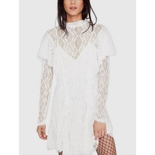 Free People Rock Candy Ivory White Lace Dress Long Sleeve Ruffle Mini Small NWT