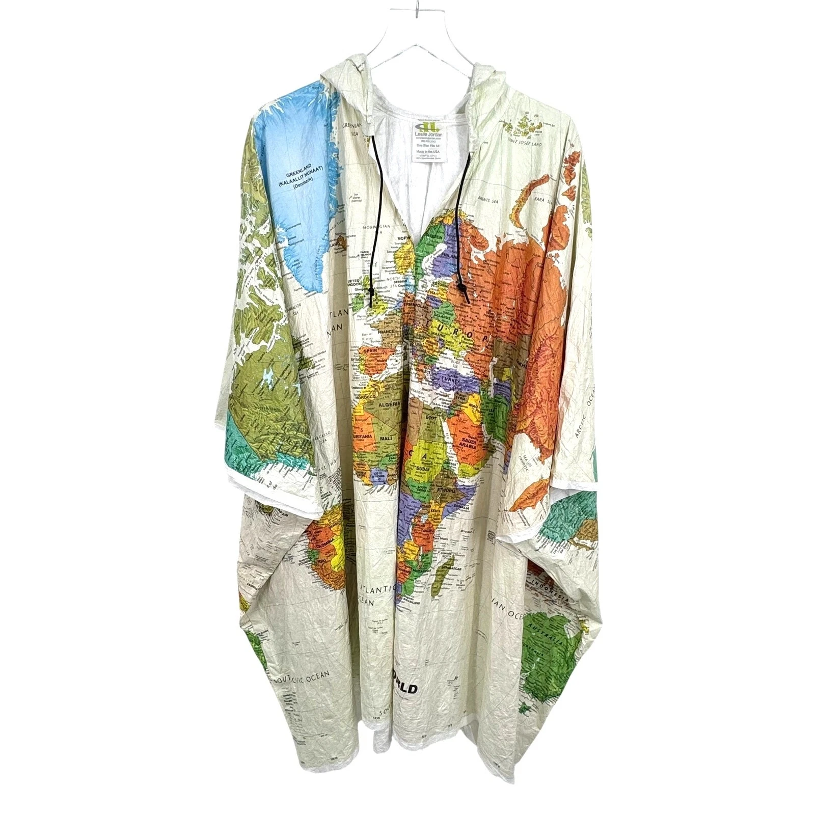 Leslie Jordan poncho OSFA world map hooded pullover Tyvek lightweight printed
Opens in a new window