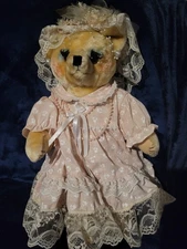 Vintage Grandma Teddy Bear Doll Handmade With Dress, Accessories, & Makeup 19 in