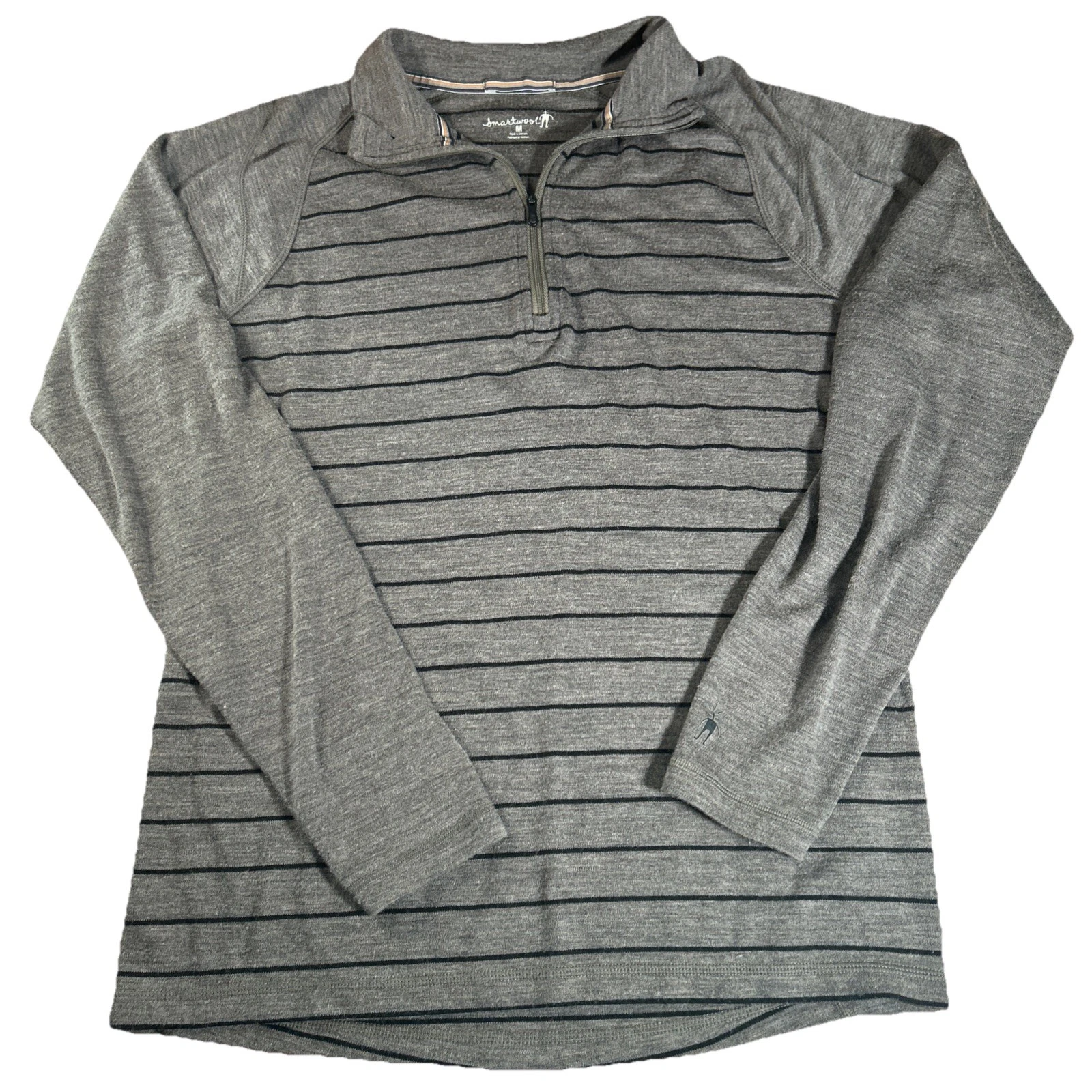 Smartwool Men’s M Gray Striped Merino Wool 1/4 Zip Base Layer Outdoor *Flaw*