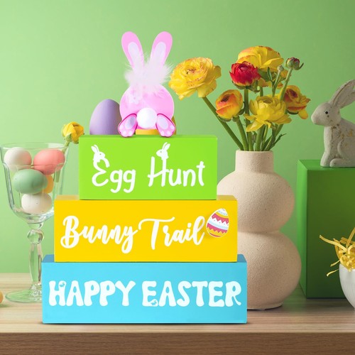 Easter Decorations Indoor Tabletop Colorful Bunny Egg Wooden Sign Gift 4 Pcs - Picture 8 of 12