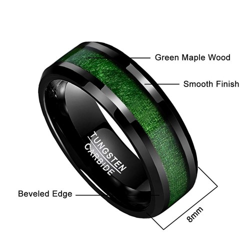 8mm Black Emerald Tungsten Carbide Ring Green Maple Wood Inlay Wedding Band NEW* - Bild 5 von 12