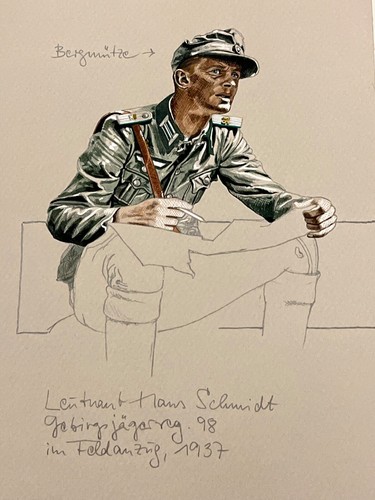 Top Aquarell Leutnant Hans Schmidt Gebirgsjäger 98 im Feldzug 1937 aus Bad Tölz