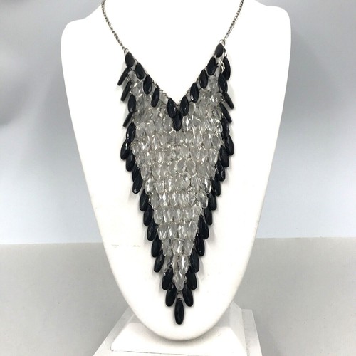 Chain Black Clear Tear Drop Beads Fringe Necklace 20” BIB Statement