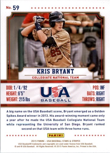2015 USA Baseball Stars and Stripes Longevity #59 Kris Bryant - NM-MT - Imagen 2 de 2