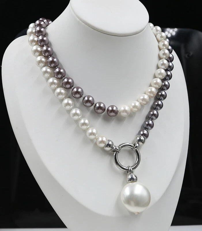 cada nudo blanco y gris púrpura 10mm AAA shell collar de perlas largo 35 pulgadas Foto 2 de 4