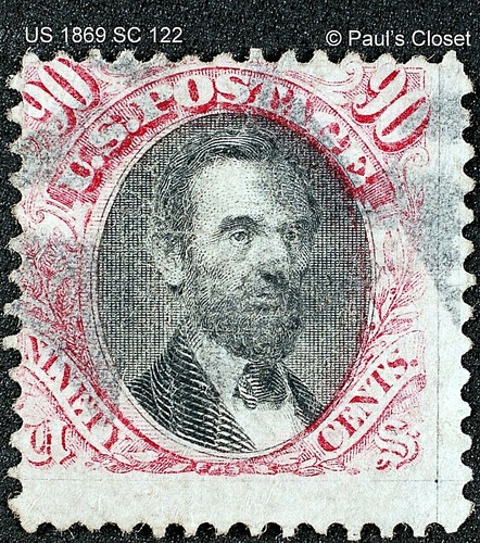 US SC 122 90¢ LINCOLN GEBRAUCHT OHNE GUMMI 1869 KLAR "G" GRILL HANDGESTEMPELT F/VF