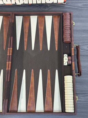 Cardinal Prestige BACKGAMMON Game Set Faux Leather Case Brown White (COMPLETE) - Picture 7 of 20