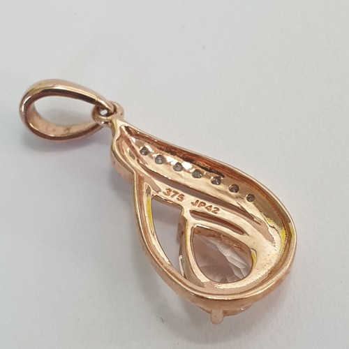 9ct Rose Gold Pear Cut Morganite and 6 Diamond Pendant *VIDEO* As New Condition - Picture 6 of 23