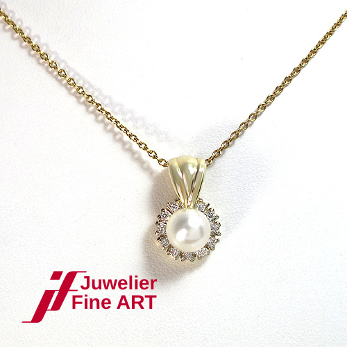 Colgante - Perlas Y Diamantes Aprox. 0,15ct Tw / Si - 14K/585 Oro Amarillo - - Imagen 1 de 4