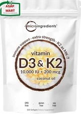 Vitamin D3 10000 Iu plus K2 (MK-7) 200 Mcg, 300 Virgin Coconut Oil Softgels| 2