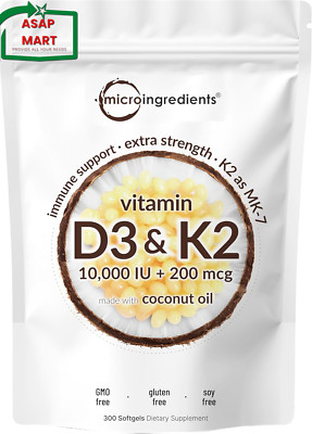 Vitamin D3 10000 Iu plus K2 (MK-7) 200 Mcg, 300 Virgin Coconut Oil Softgels| 2