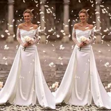 Luxury Mermaid Wedding Dresses Long Sleeved Detachable Train Satin Bridal Gowns
