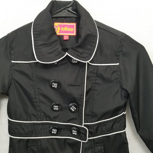 Dollhouse Trench Coat Girls M (5 /6) Black with White Piping Double Breasted - Picture 3 of 12